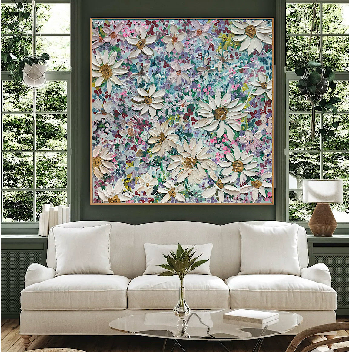 Original Abstract Oil Painting On deep edge Canvas 80x80cm Summer Flowers and more Flowers Textured
