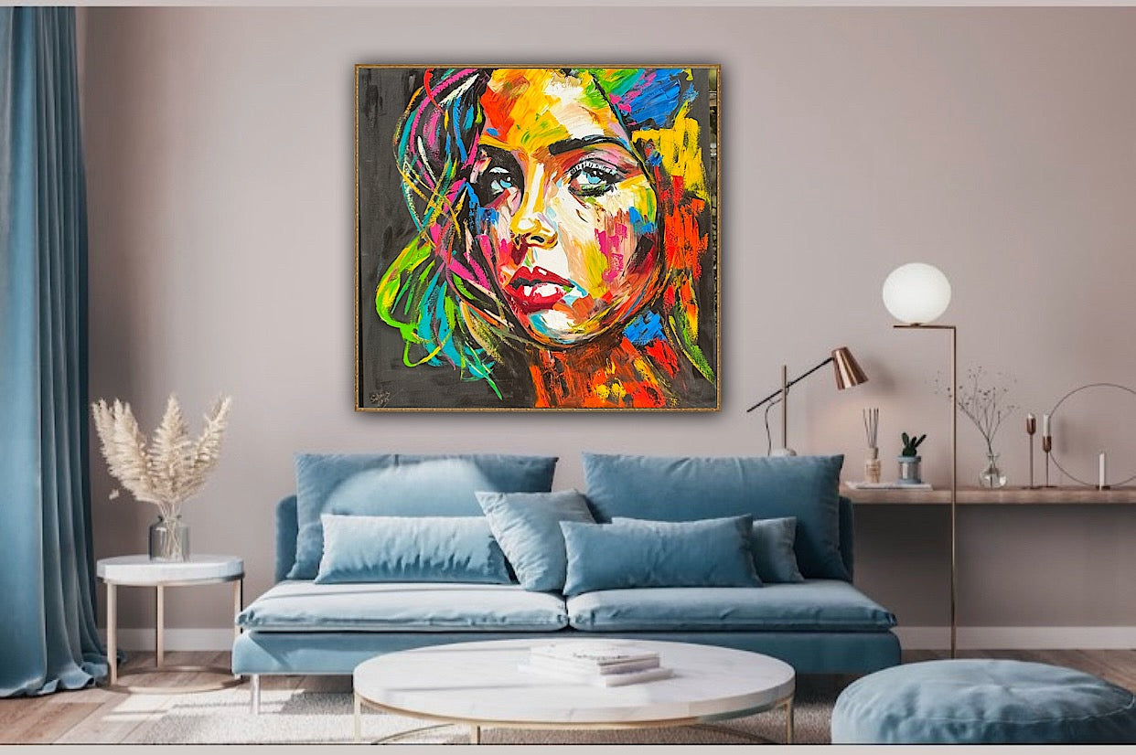 Modern Style Abstract Original Oil Painting On 100 x 100cm canvas Pillow talk woman portrait framed in black and gold frame