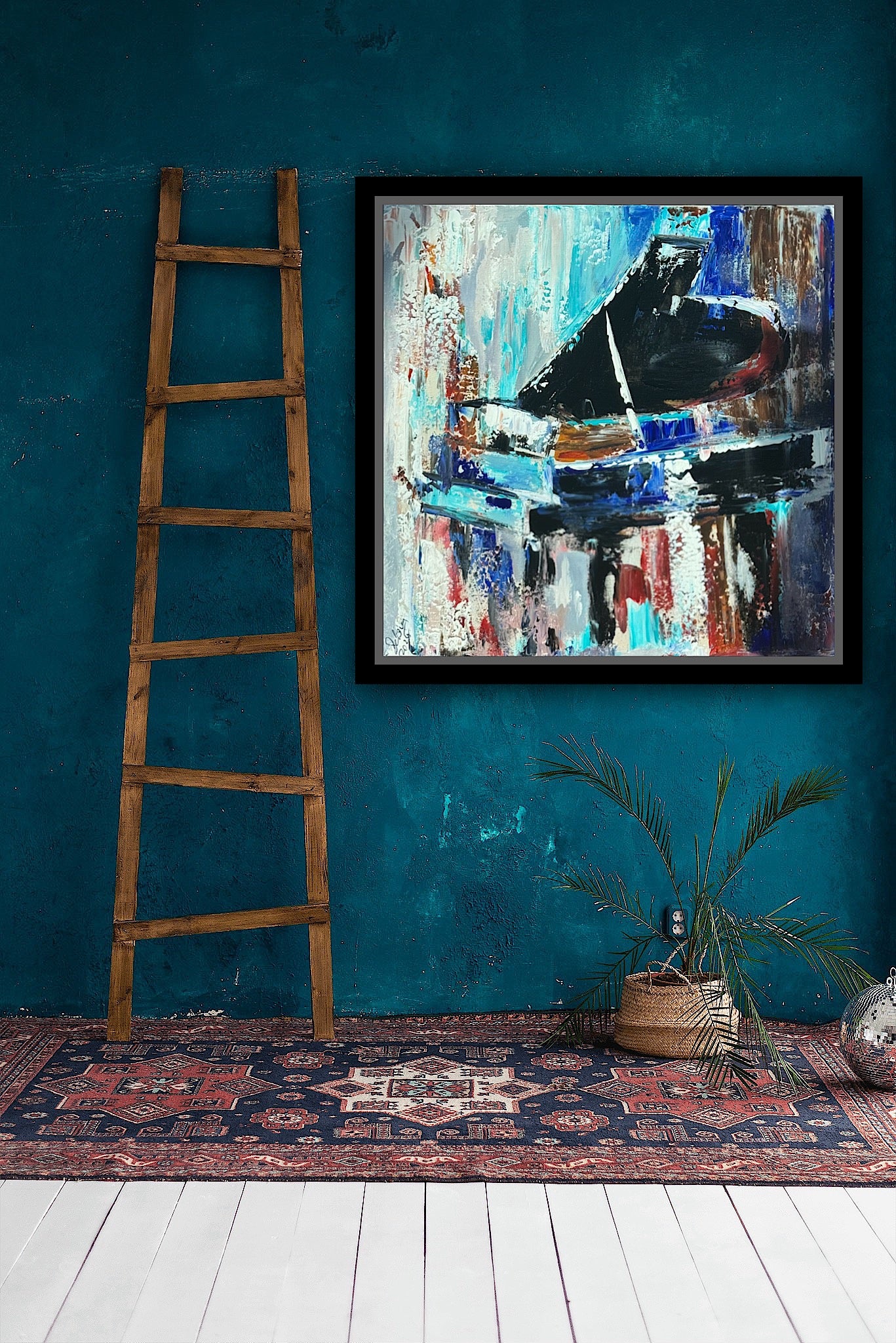 Framed in black Textured Original Abstract Oil Painting On Canvas 55x55cm Black Grand Piano