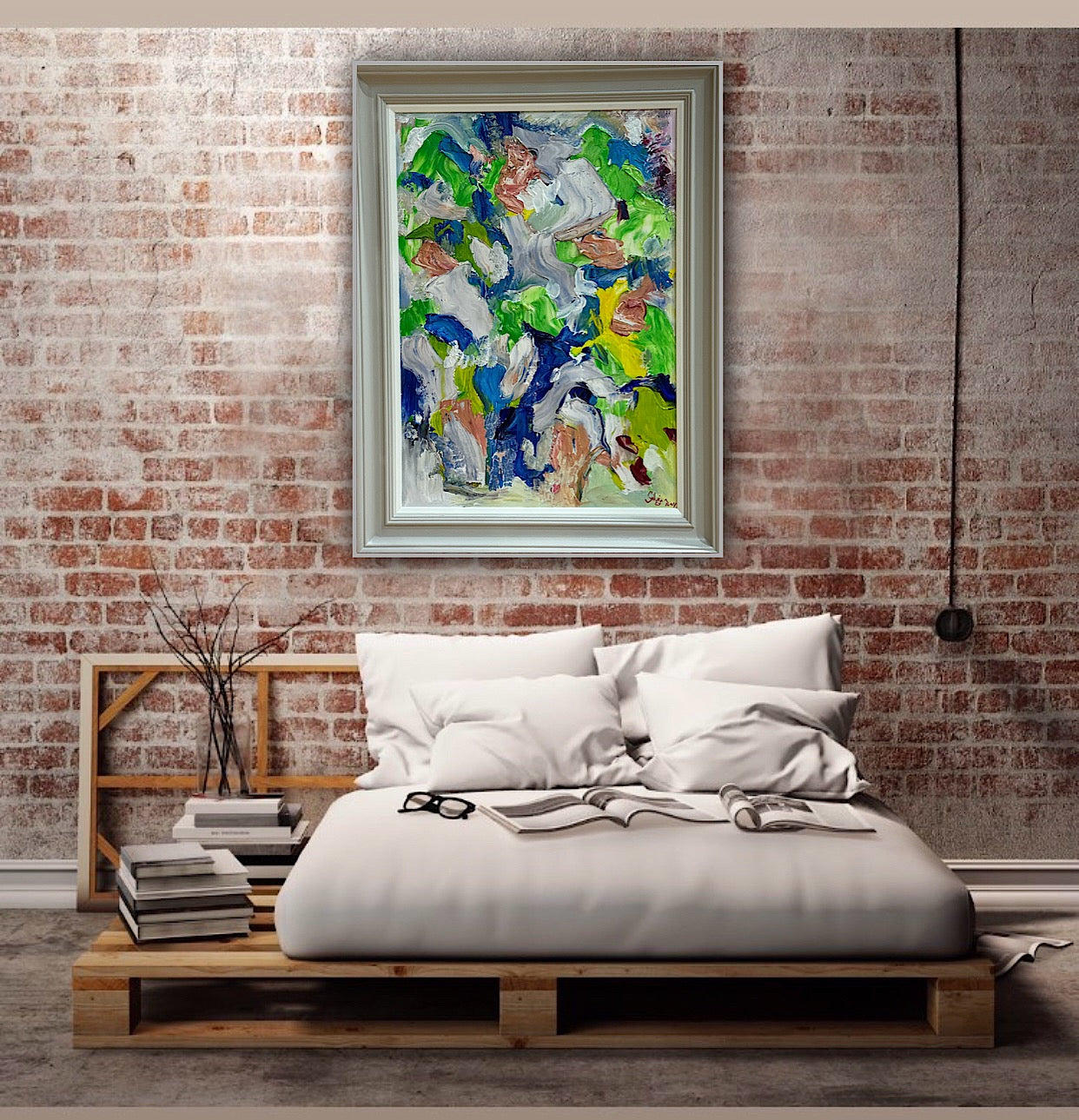 Framed Original Abstract contemporary Oil Painting On Canvas 52x70cm Floral Oka