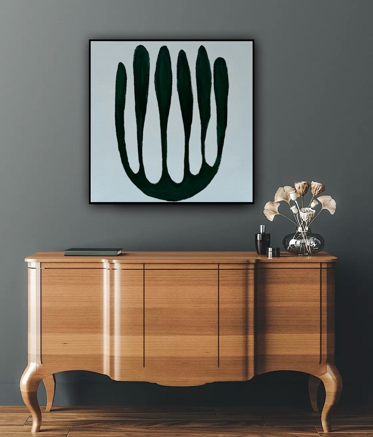 Eferi Plant Green & White Modern Abstract oil Painting On Canvas 40x40cm In Oka floral