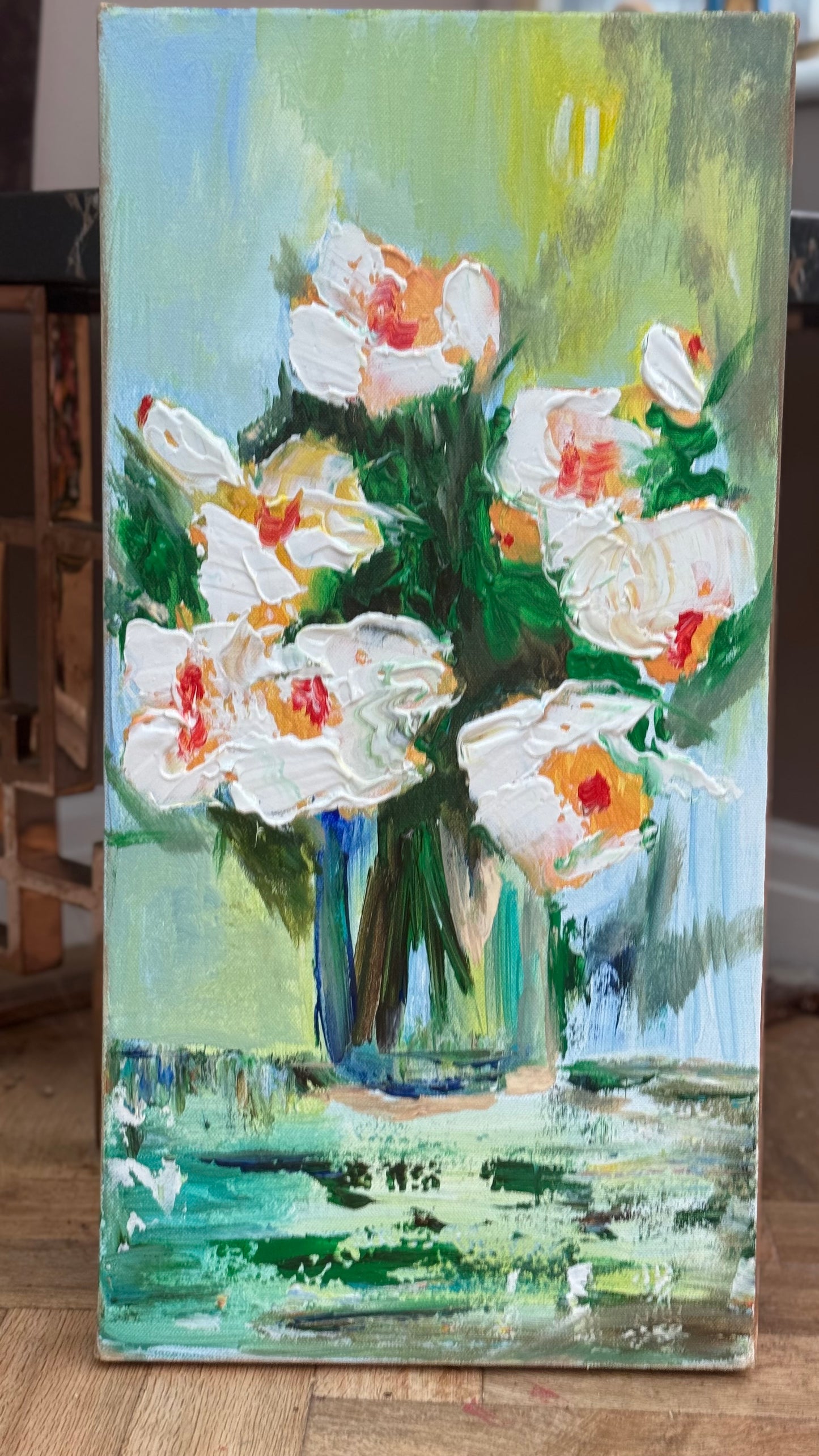 Oka Contemporary Abstract Original Oil Painting on 30cm x 60cm canvas textured White Roses floral love