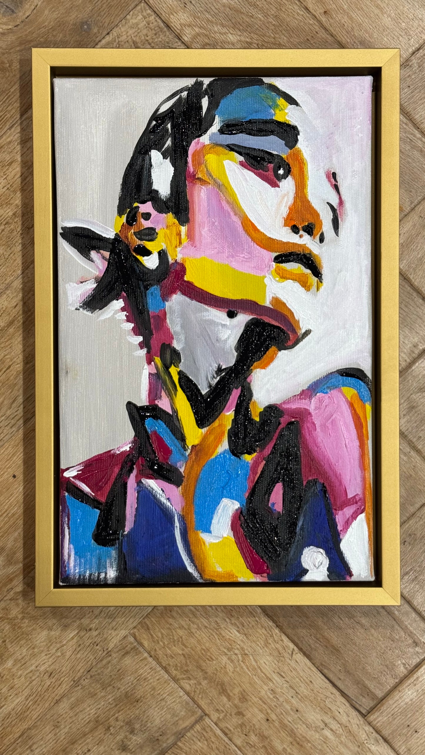 Framed in gold bronze Original Abstract Oil Painting On Canvas 36 x 24cm The Silent phoenix’ Girl Oka portrait