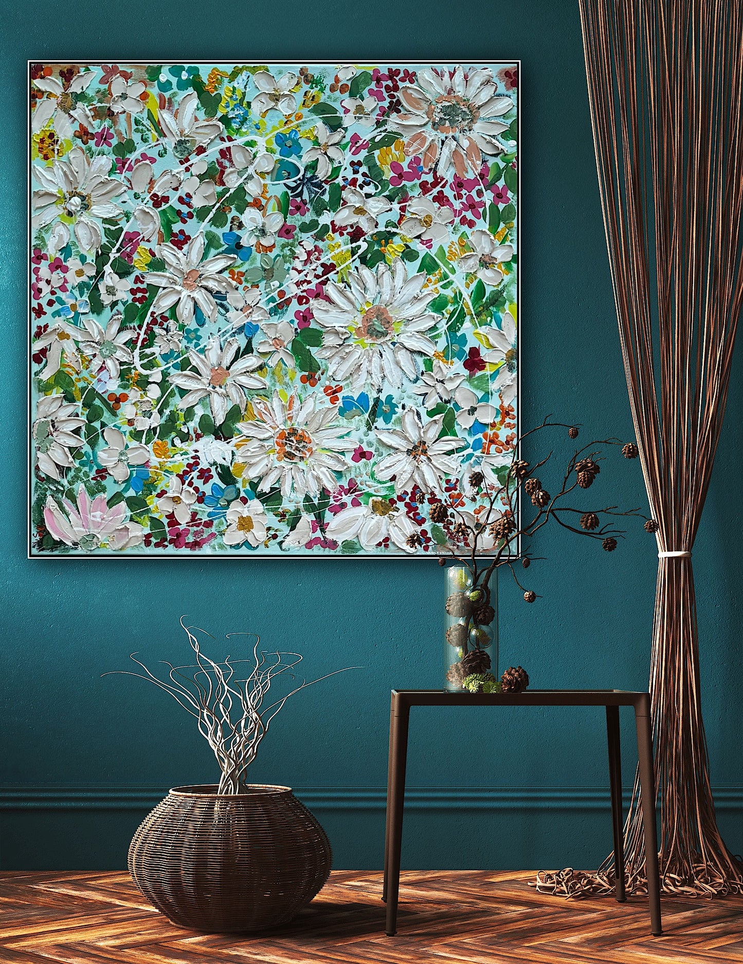 Framed Original Abstract Oil Painting On Canvas 80x80cm Daisies & more Flowers Textured