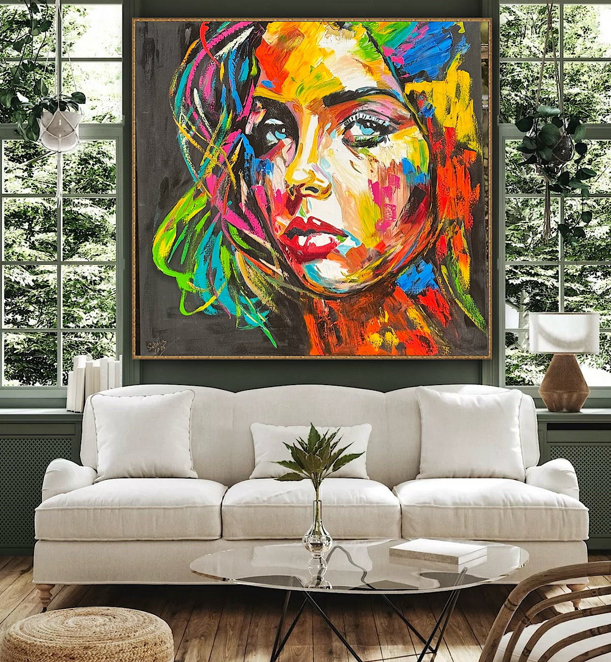 Modern Style Abstract Original Oil Painting On 100 x 100cm canvas Pillow talk woman portrait framed in black and gold frame