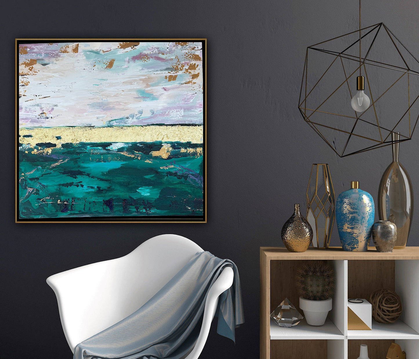 Framed in antique gold Textured Original Abstract Oil Painting On Canvas 70x70cm Seascape with gold leaf