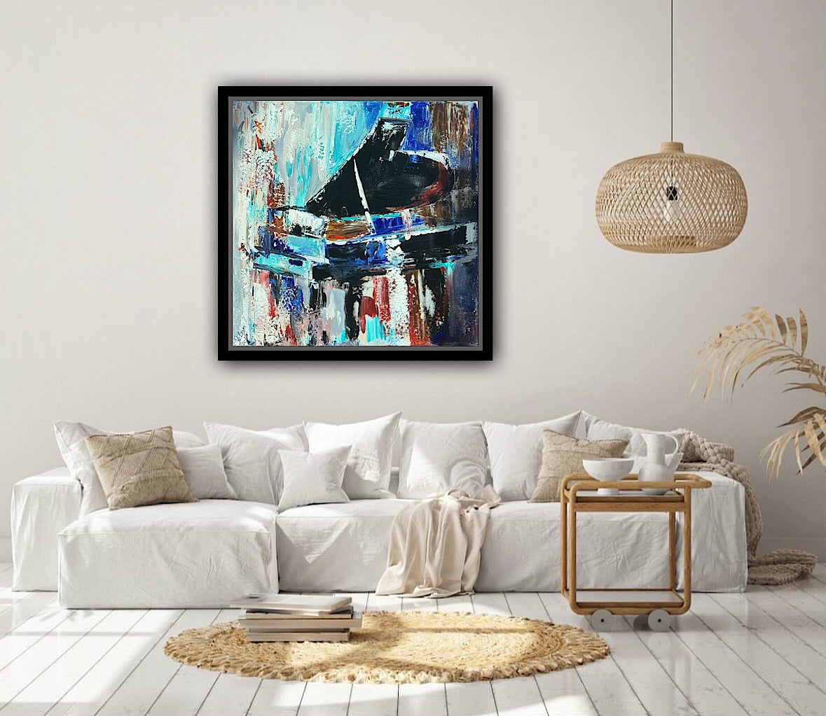 Framed in black Textured Original Abstract Oil Painting On Canvas 55x55cm Black Grand Piano