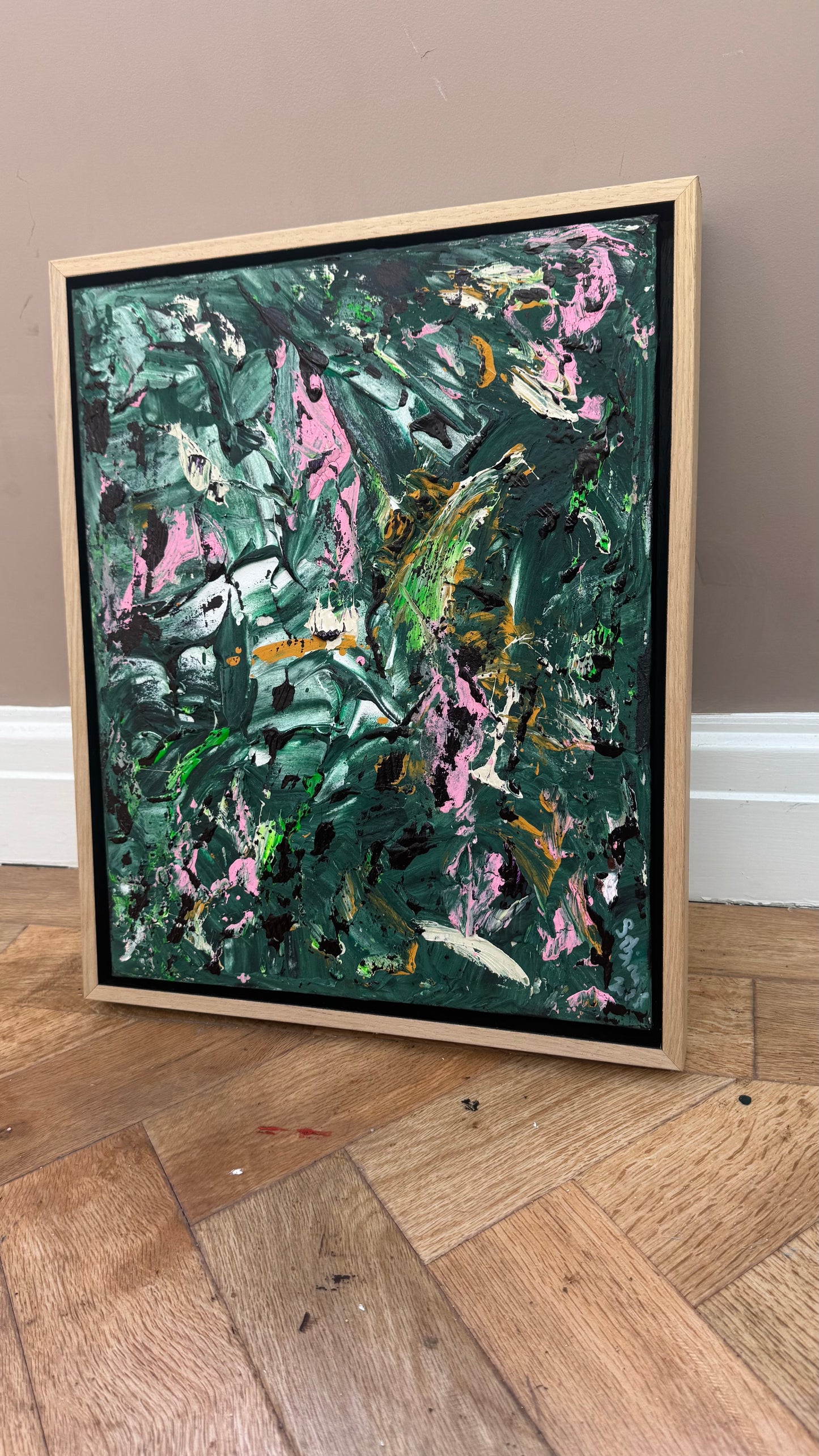 Framed in oak Original Abstract contemporary Oil Painting On Canvas 40x33cm Orchard II Oka