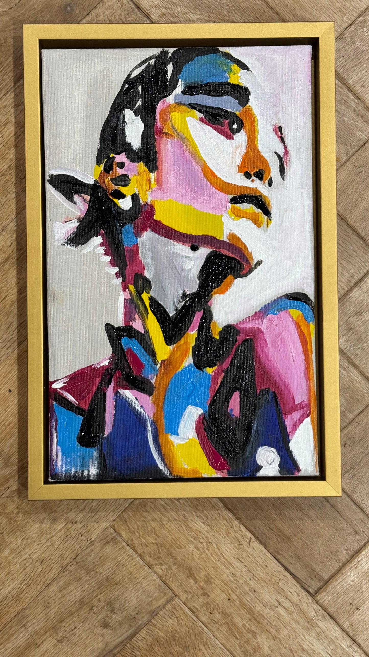 Framed in gold bronze Original Abstract Oil Painting On Canvas 36 x 24cm The Silent phoenix’ Girl Oka portrait