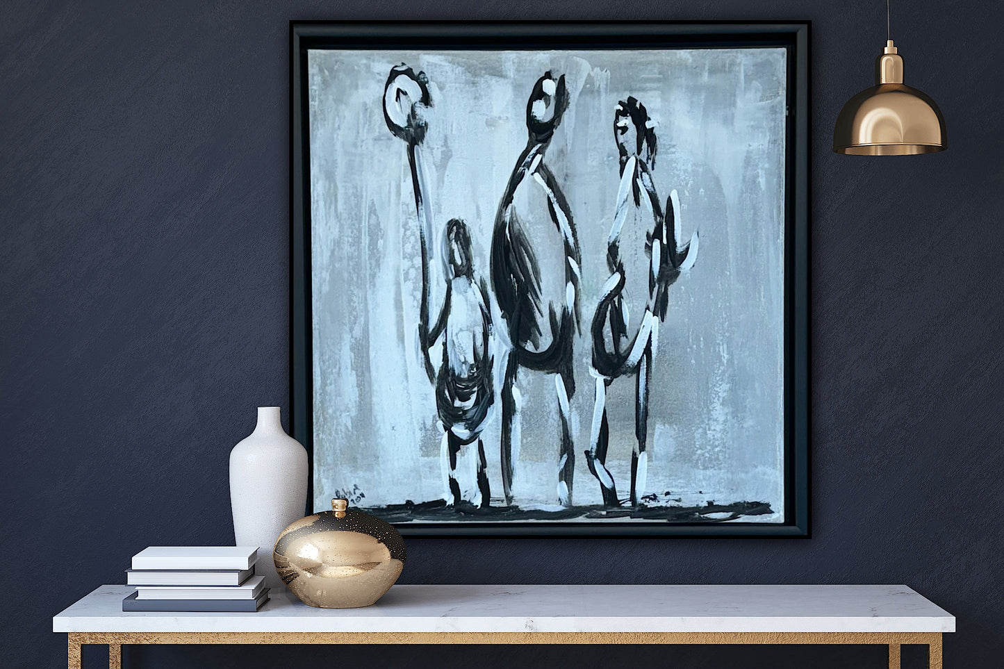 Framed in black Figurative Modern Abstract contemporary oil Painting On Canvas 42 x 42cm family