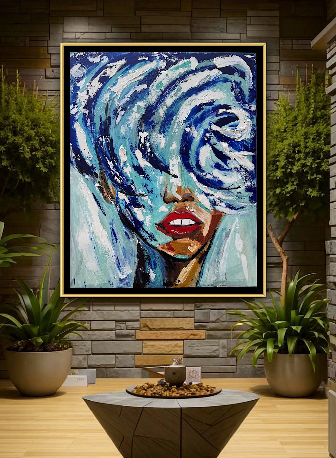 Large Abstract Original Oil Painting On 80x70cm canvas Waves Woman texture Vogue portrait framed in gold bespoke frame