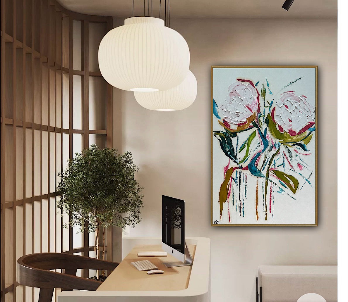 Oka Design Contemporary Abstract Original Oil Painting On 90 x 60cm Canvas Peonies floral