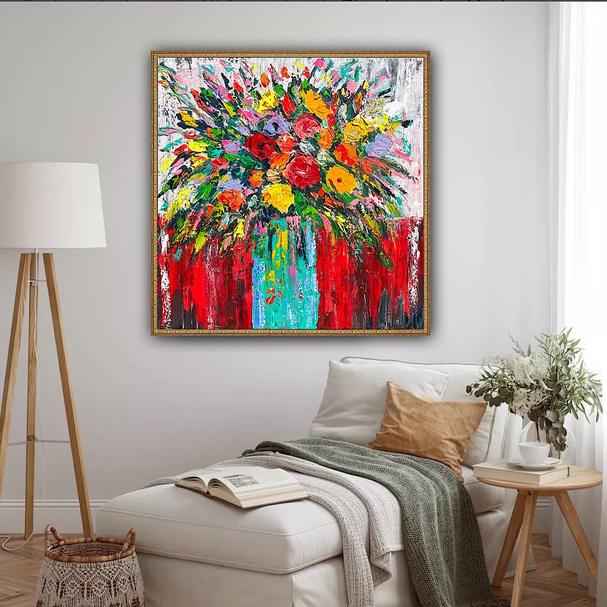 Original Abstract Oil Painting On 4cm Canvas 80 x 80cm Floral Sunflowers