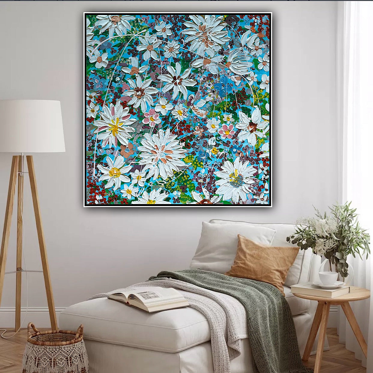 Original Abstract Oil Painting On Canvas 90 x 90cm Flowers in bloom textured framed