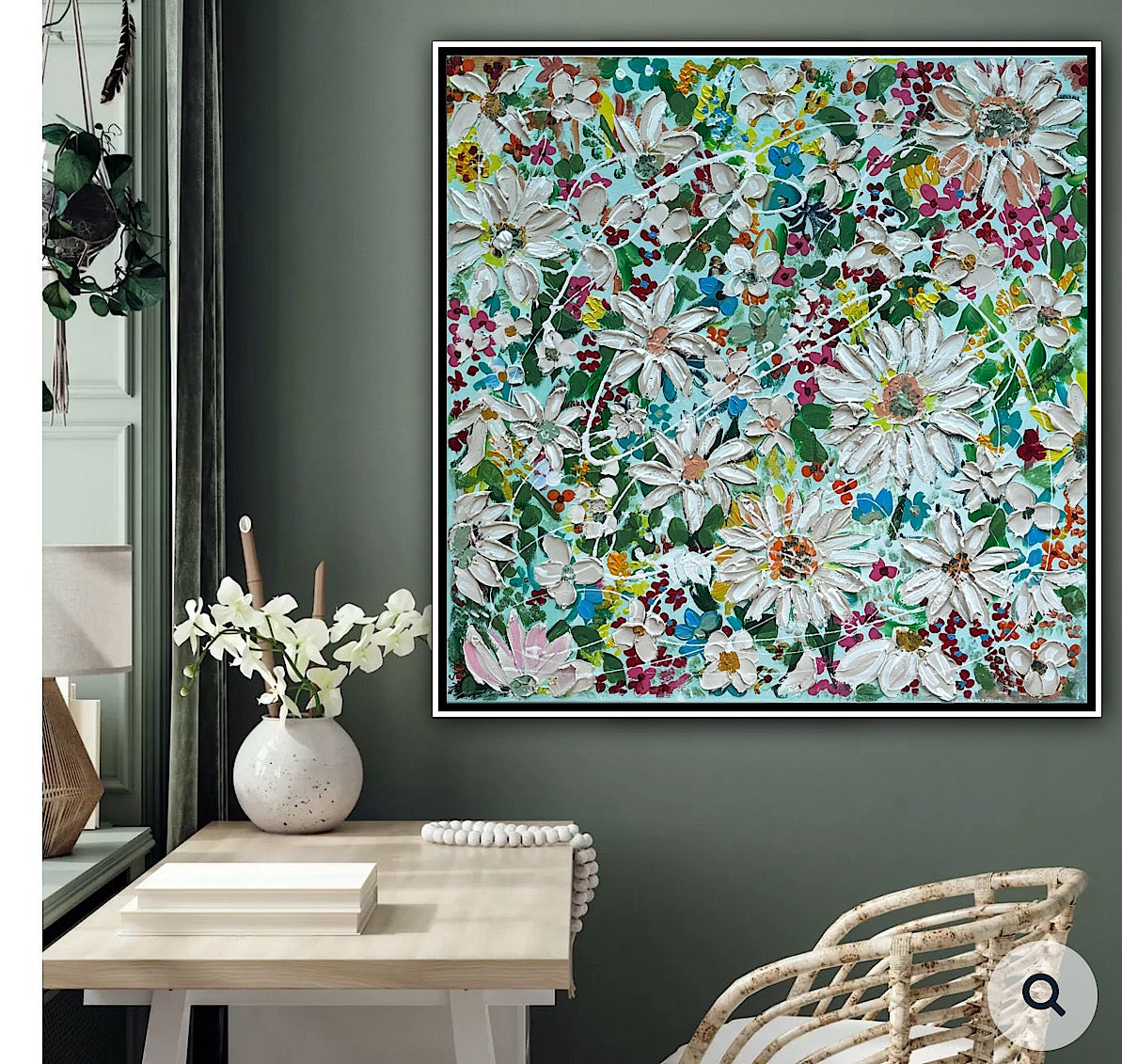 Framed Original Abstract Oil Painting On Canvas 80x80cm Daisies & more Flowers Textured