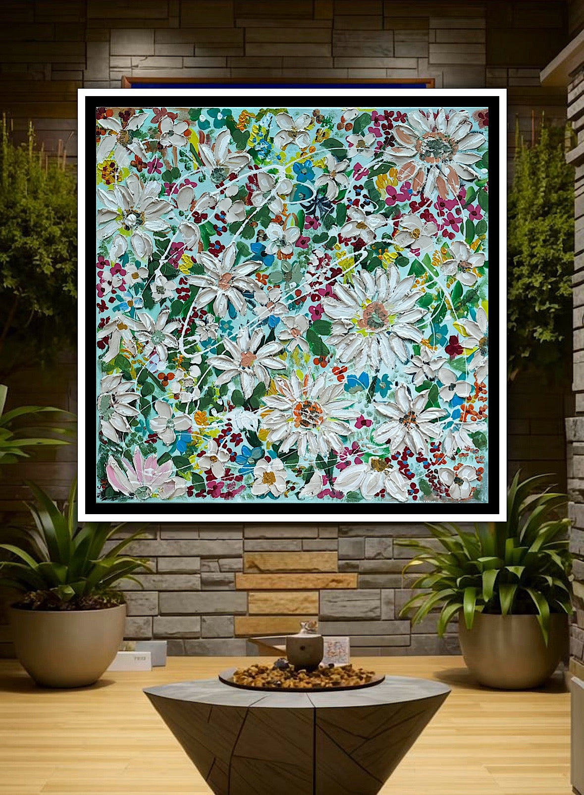 Framed Original Abstract Oil Painting On Canvas 80x80cm Daisies & more Flowers Textured