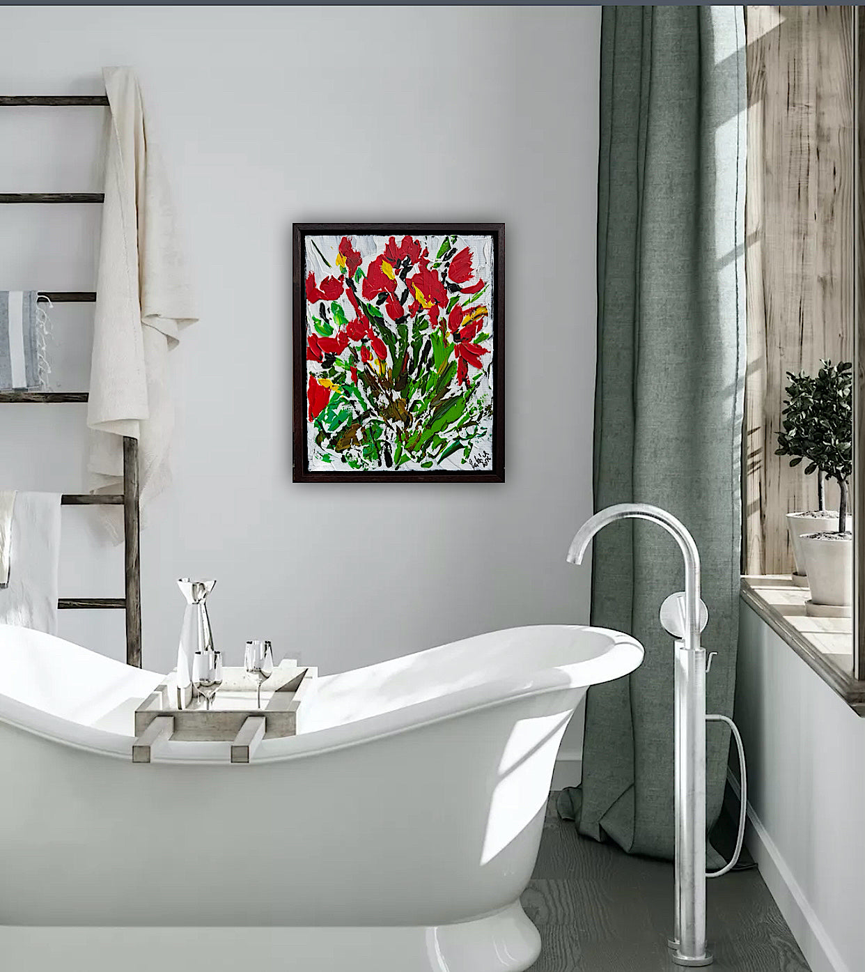 Framed Original Contemporary Abstract Oil Painting On Canvas 38 x 32cm ‘ Red Flowers