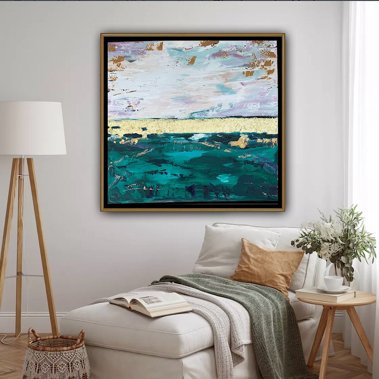 Framed in antique gold Textured Original Abstract Oil Painting On Canvas 70x70cm Seascape with gold leaf