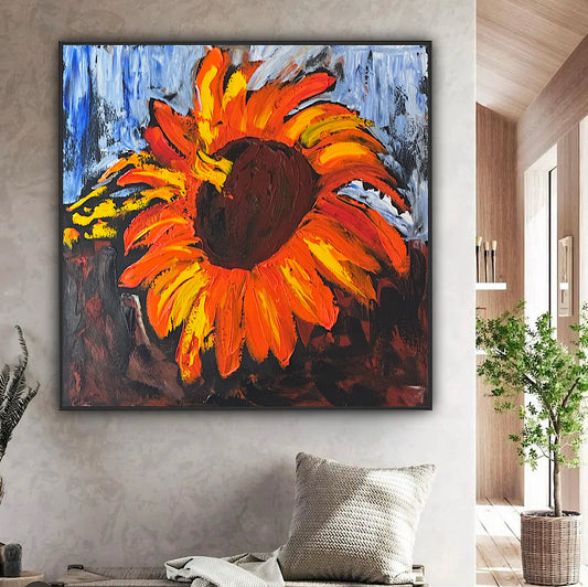 Original Abstract Oil Painting On 4cm Canvas 80 x 80cm Floral Sunflowers