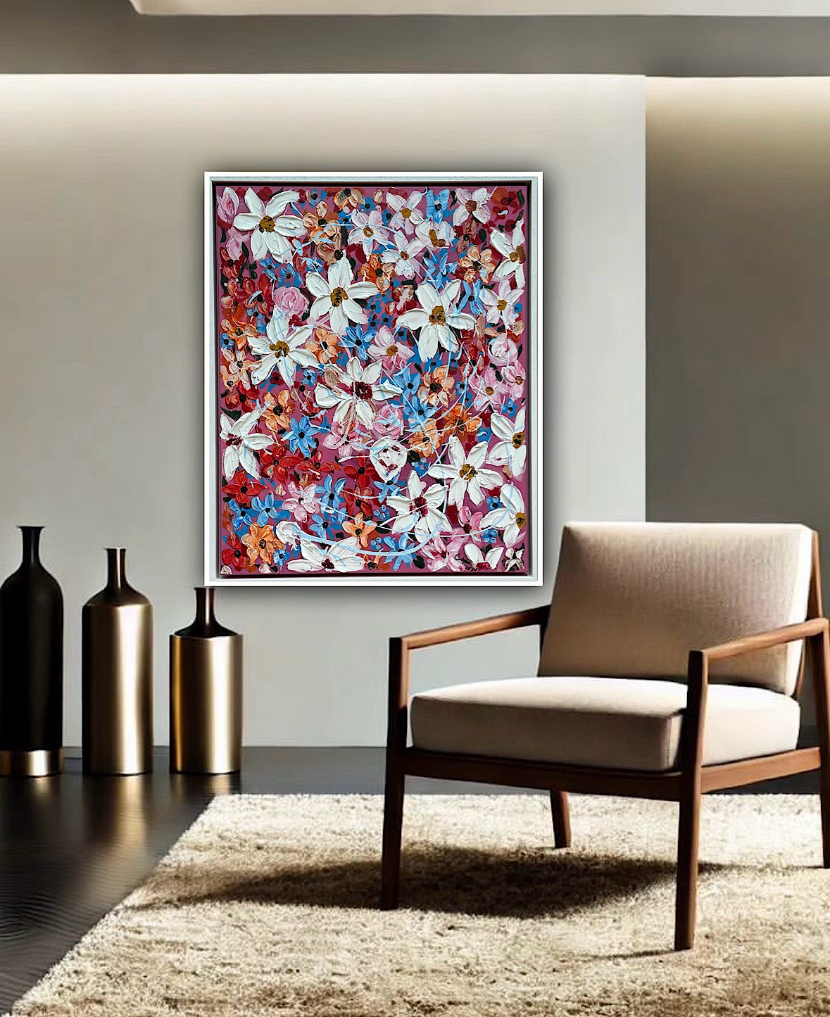 Original Abstract Oil Painting On Canvas 80 x 65cm Daisies in bloom textured framed
