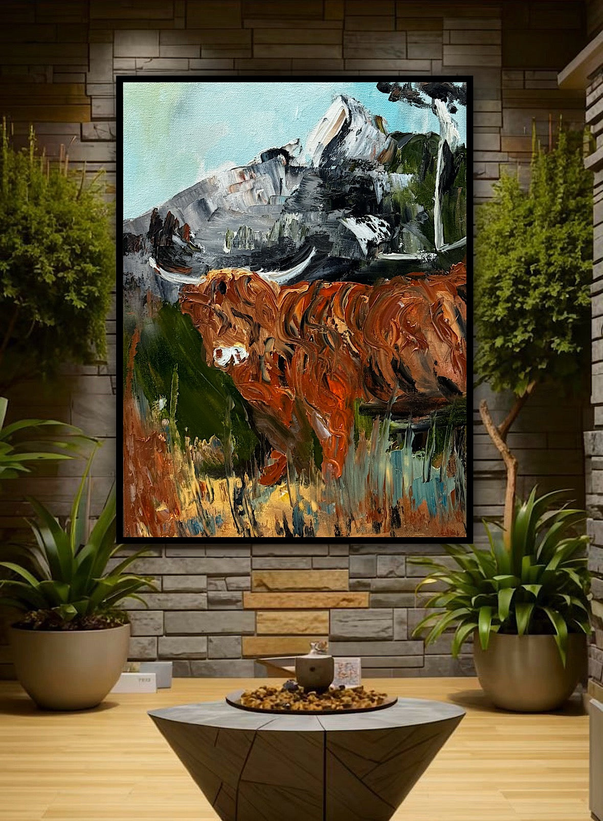 Abstract Original Oil Painting On 30 x 40cm Canvas Aboriginal highland cow ‘Bertie’ animal