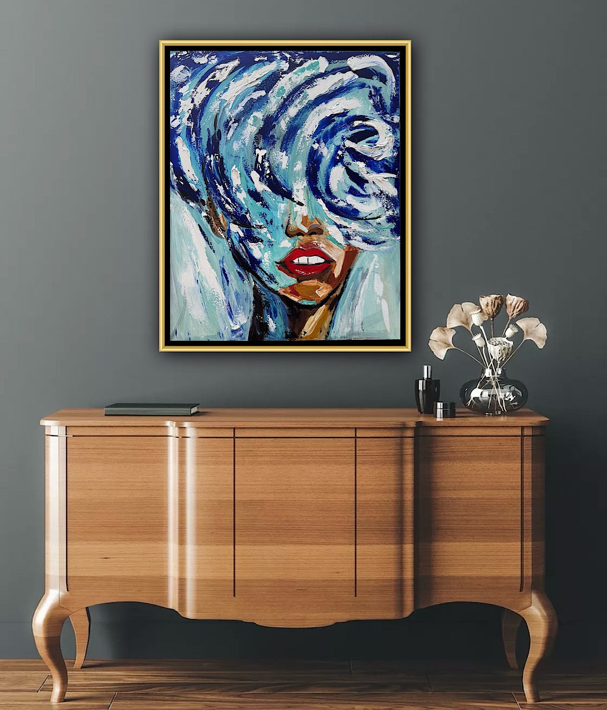Large Abstract Original Oil Painting On 80x70cm canvas Waves Woman texture Vogue portrait framed in gold bespoke frame