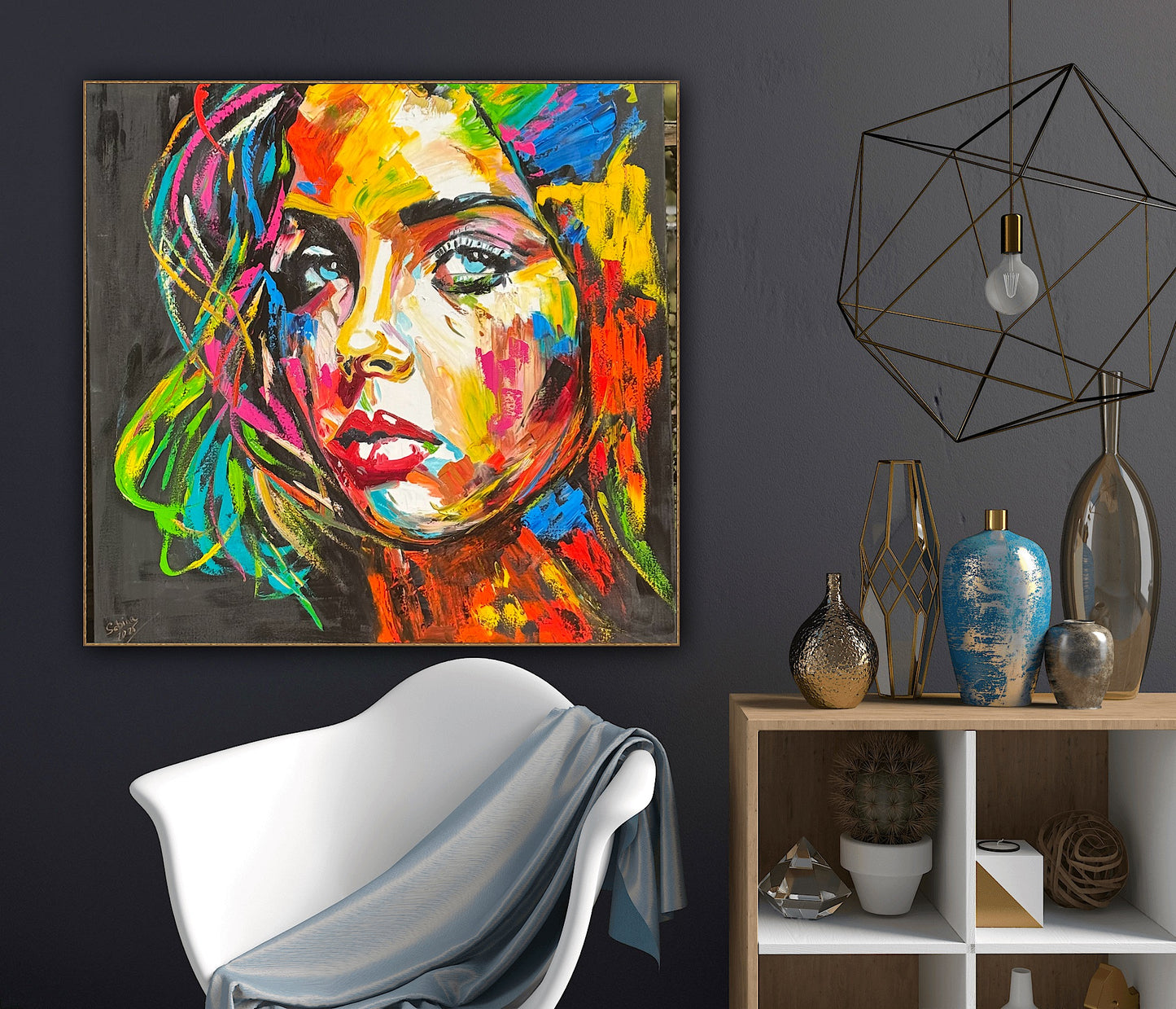 Modern Style Abstract Original Oil Painting On 100 x 100cm canvas Pillow talk woman portrait framed in black and gold frame