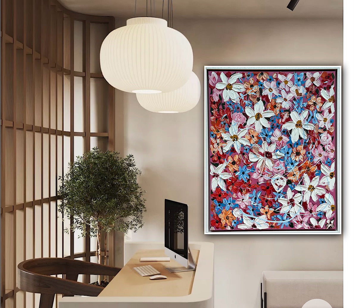Original Abstract Oil Painting On Canvas 80 x 65cm Daisies in bloom textured framed