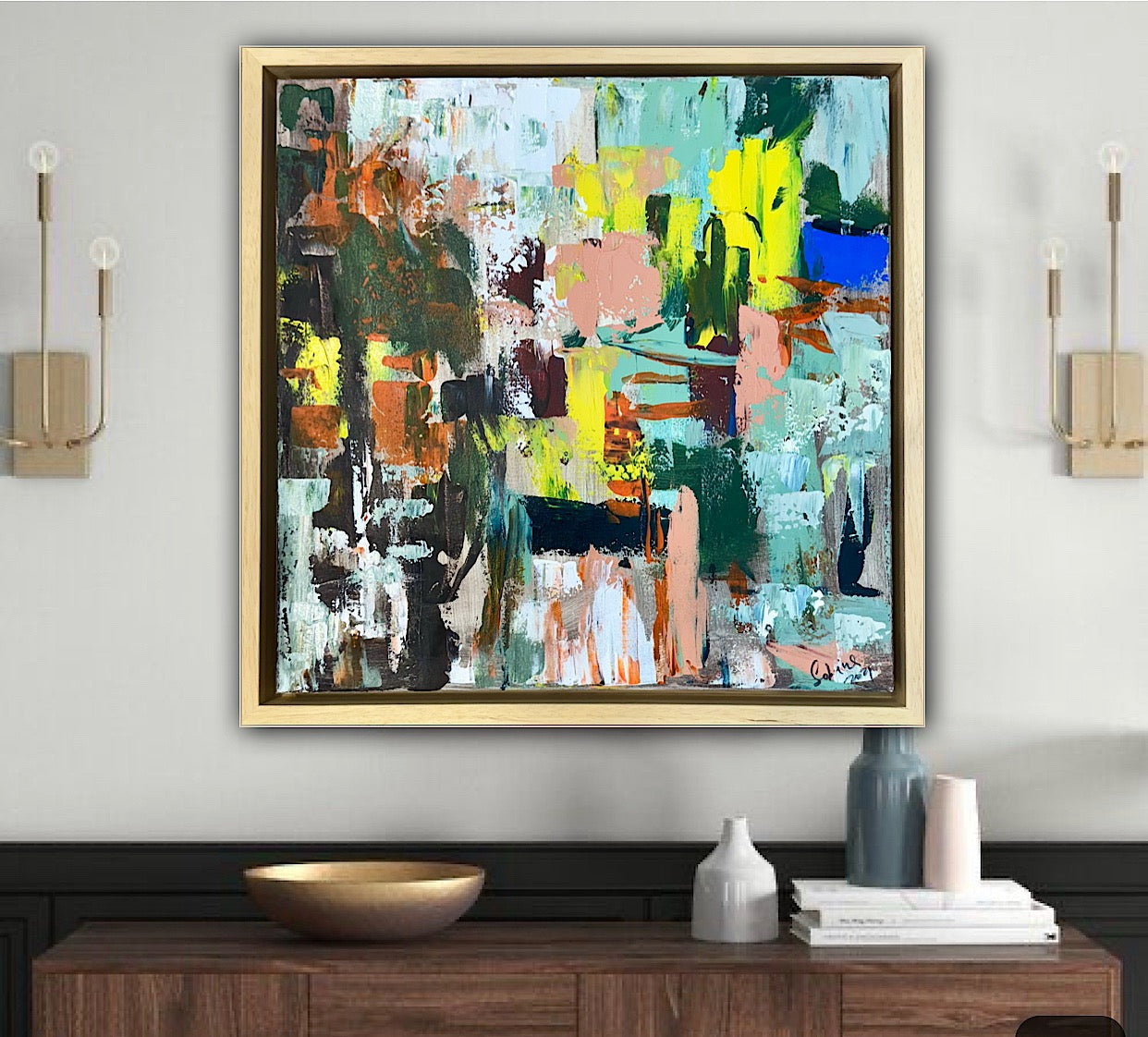 Framed Original Abstract Oil Painting On Canvas 52 x 52cm city lights Oka