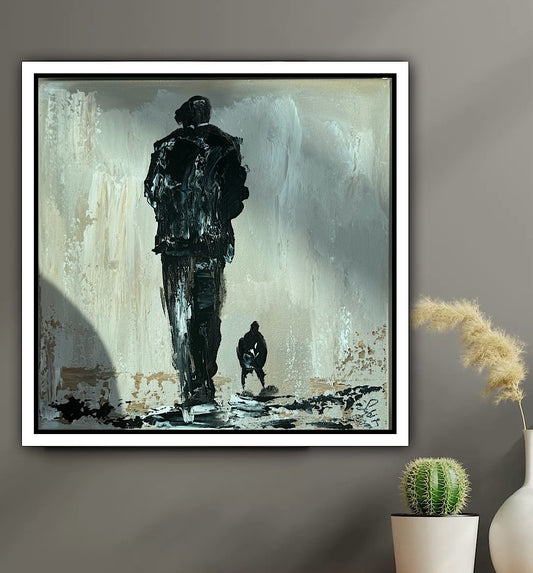 Oka Contemporary Abstract Original Oil Painting on canvas 33 x 33cm textured Pals man with a dog