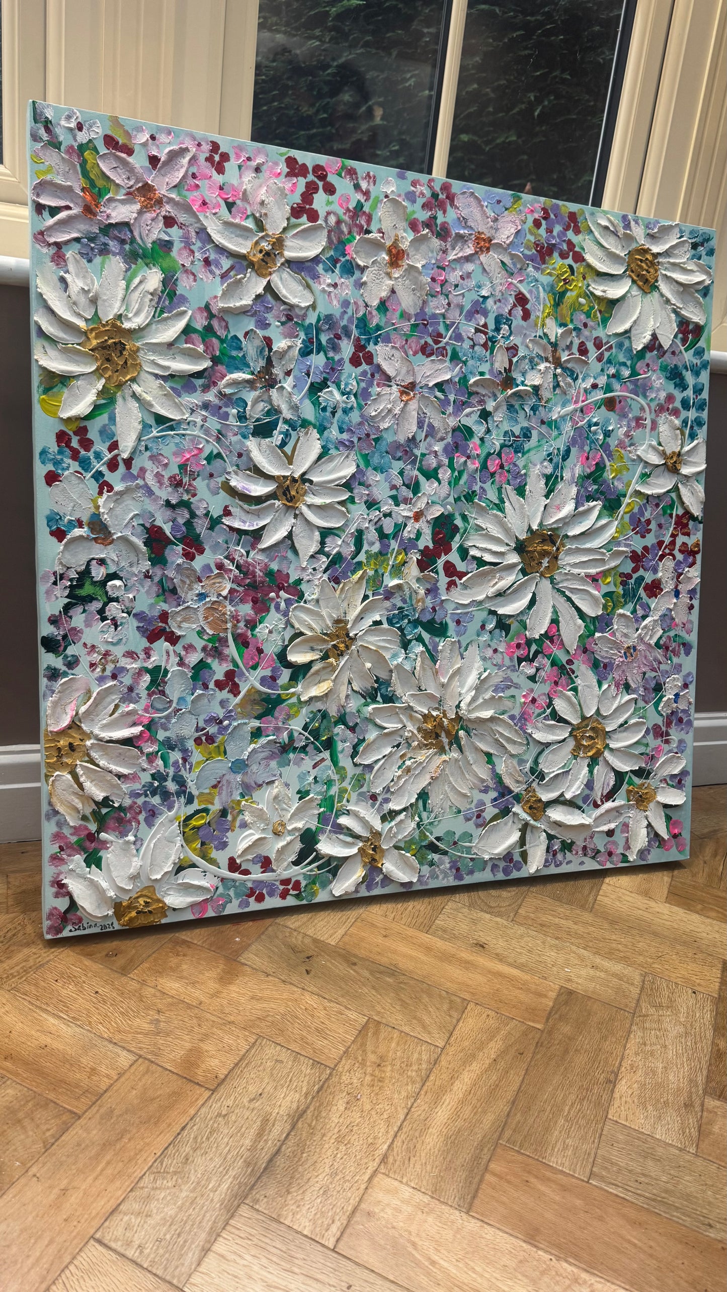 Original Abstract Oil Painting On deep edge Canvas 80x80cm Summer Flowers and more Flowers Textured