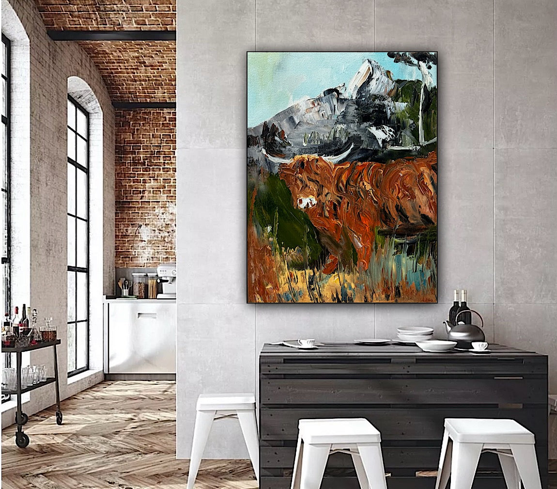 Abstract Original Oil Painting On 30 x 40cm Canvas Aboriginal highland cow ‘Bertie’ animal