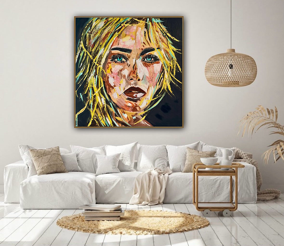 Contemporary Abstract Original Oil Painting On Canvas 90x90cm Blond girl ‘Luna’ woman’s portrait Framed
