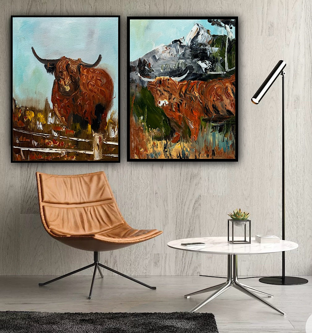 Abstract Original Oil Painting On 30 x 40cm Canvas Aboriginal highland cow ‘Bertie’ animal