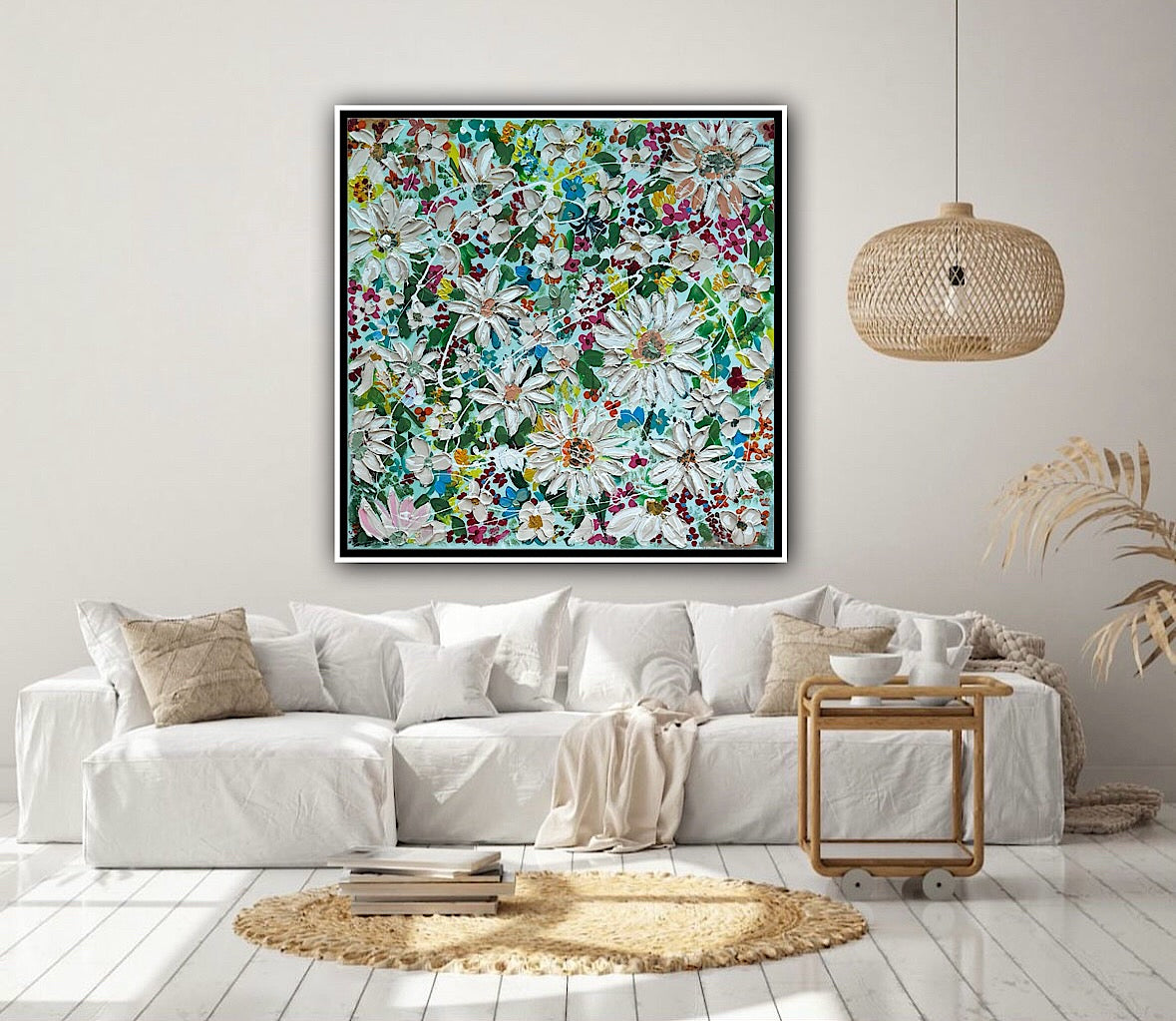 Framed Original Abstract Oil Painting On Canvas 80x80cm Daisies & more Flowers Textured