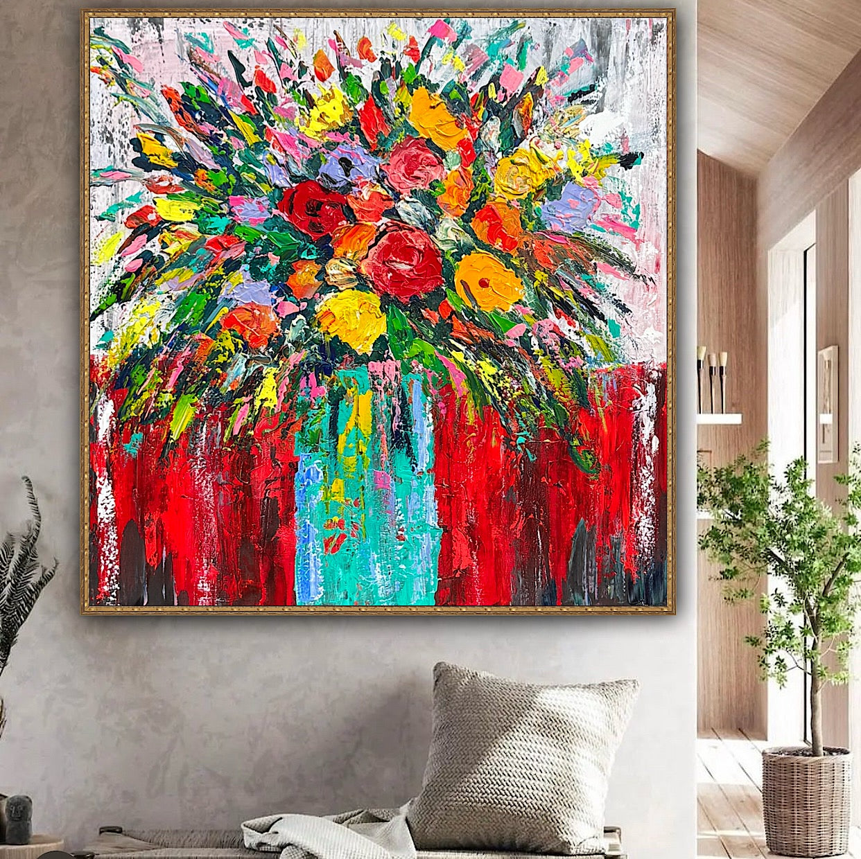 Original Abstract Oil Painting On 4cm Canvas 80 x 80cm Floral Sunflowers