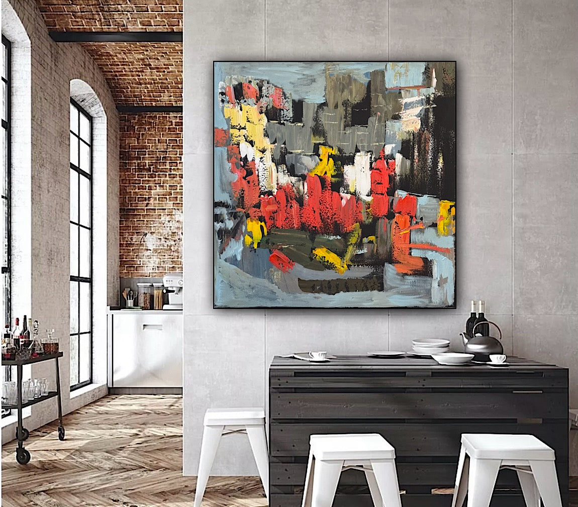 Framed in black Oka Contemporary Abstract Original Oil Painting on 70 x 70cm canvas Rome cityscape