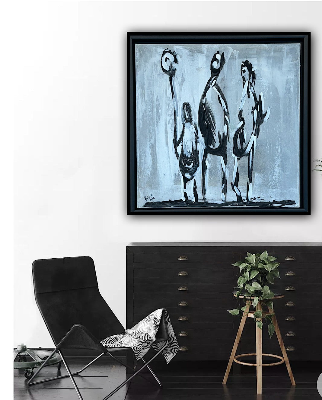 Framed in black Figurative Modern Abstract contemporary oil Painting On Canvas 42 x 42cm family