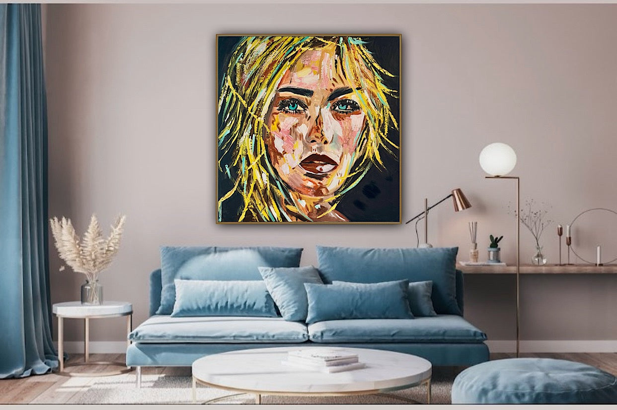 Contemporary Abstract Original Oil Painting On Canvas 90x90cm Blond girl ‘Luna’ woman’s portrait Framed