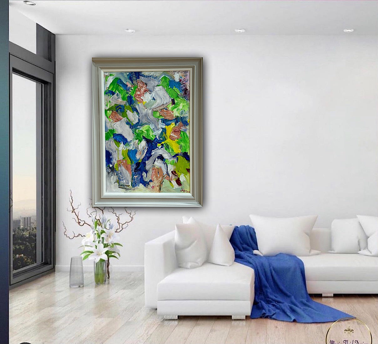 Framed Original Abstract contemporary Oil Painting On Canvas 52x70cm Floral Oka