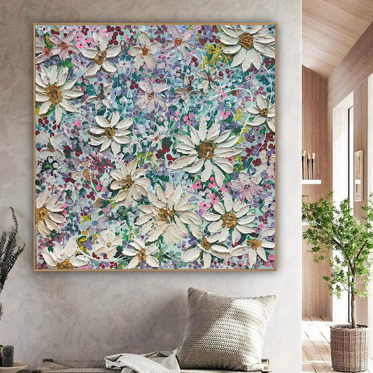Original Abstract Oil Painting On deep edge Canvas 80x80cm Summer Flowers and more Flowers Textured