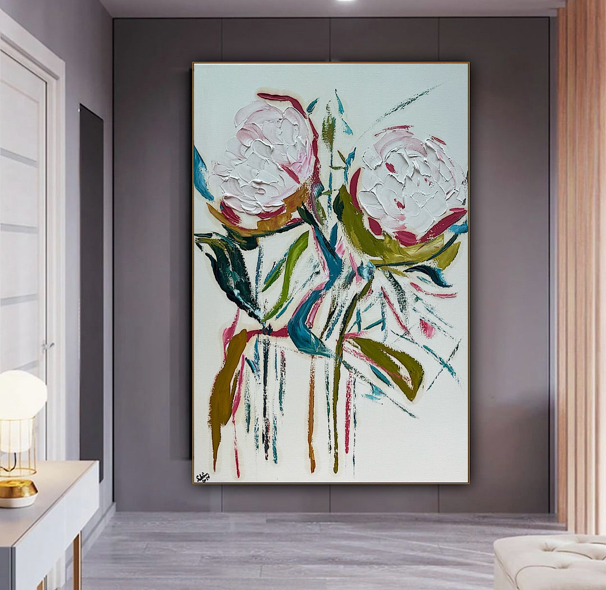 Oka Design Contemporary Abstract Original Oil Painting On 90 x 60cm Canvas Peonies floral