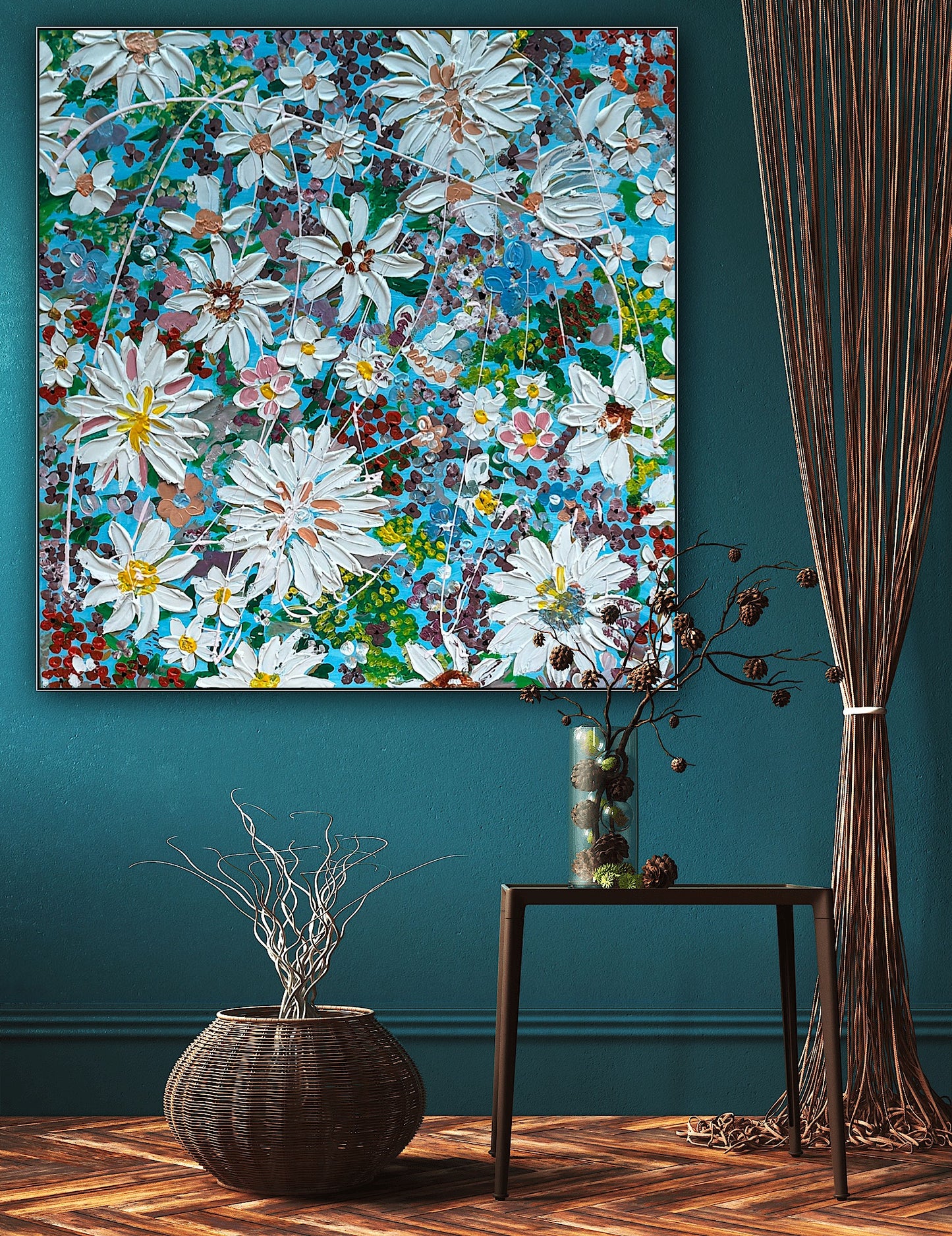 Original Abstract Oil Painting On Canvas 90 x 90cm Flowers in bloom textured framed