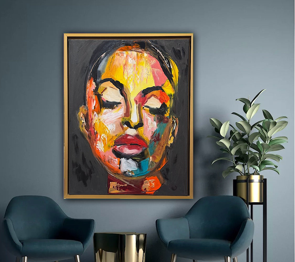 Framed in gold bronze Original Abstract Oil Painting On Canvas 57 x45cm The Beauty Queen’ Girl Oka portrait