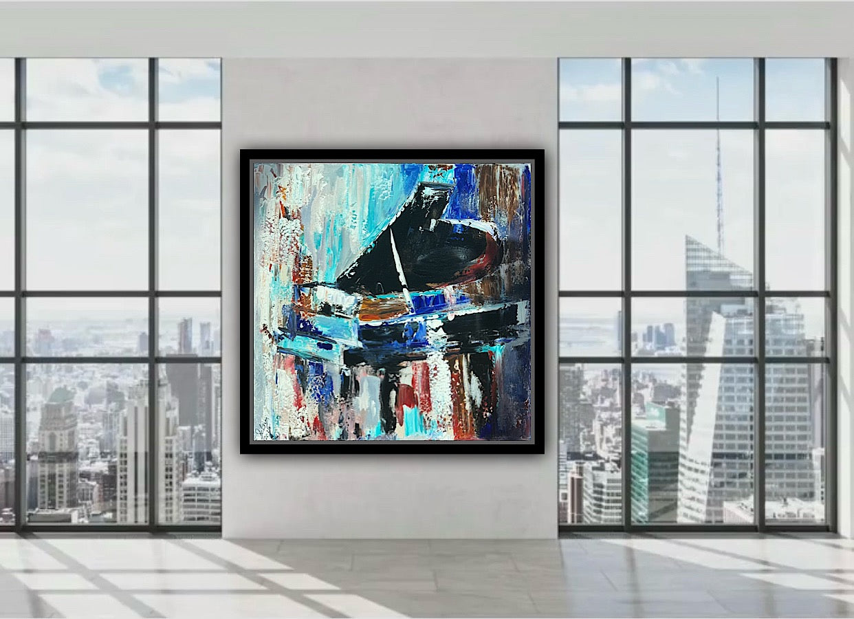 Framed in black Textured Original Abstract Oil Painting On Canvas 55x55cm Black Grand Piano