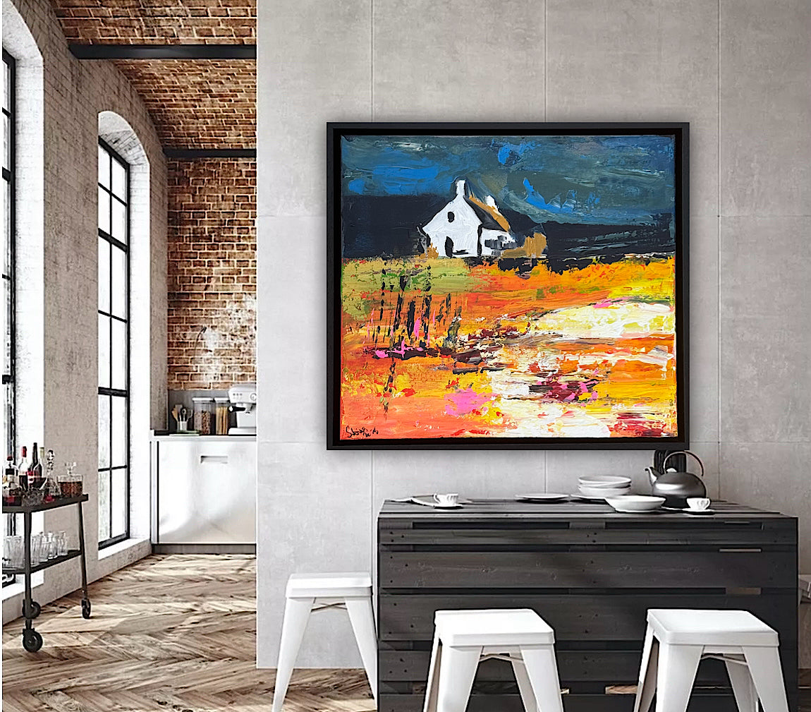 Framed Original Abstract contemporary Oil Painting On Canvas 43x40cm Magazine Irish House on a Hill Oka
