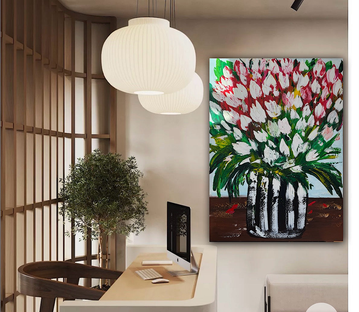 Large Abstract Original Oil Painting On 100x80cm canvas Flowers White Tulips III