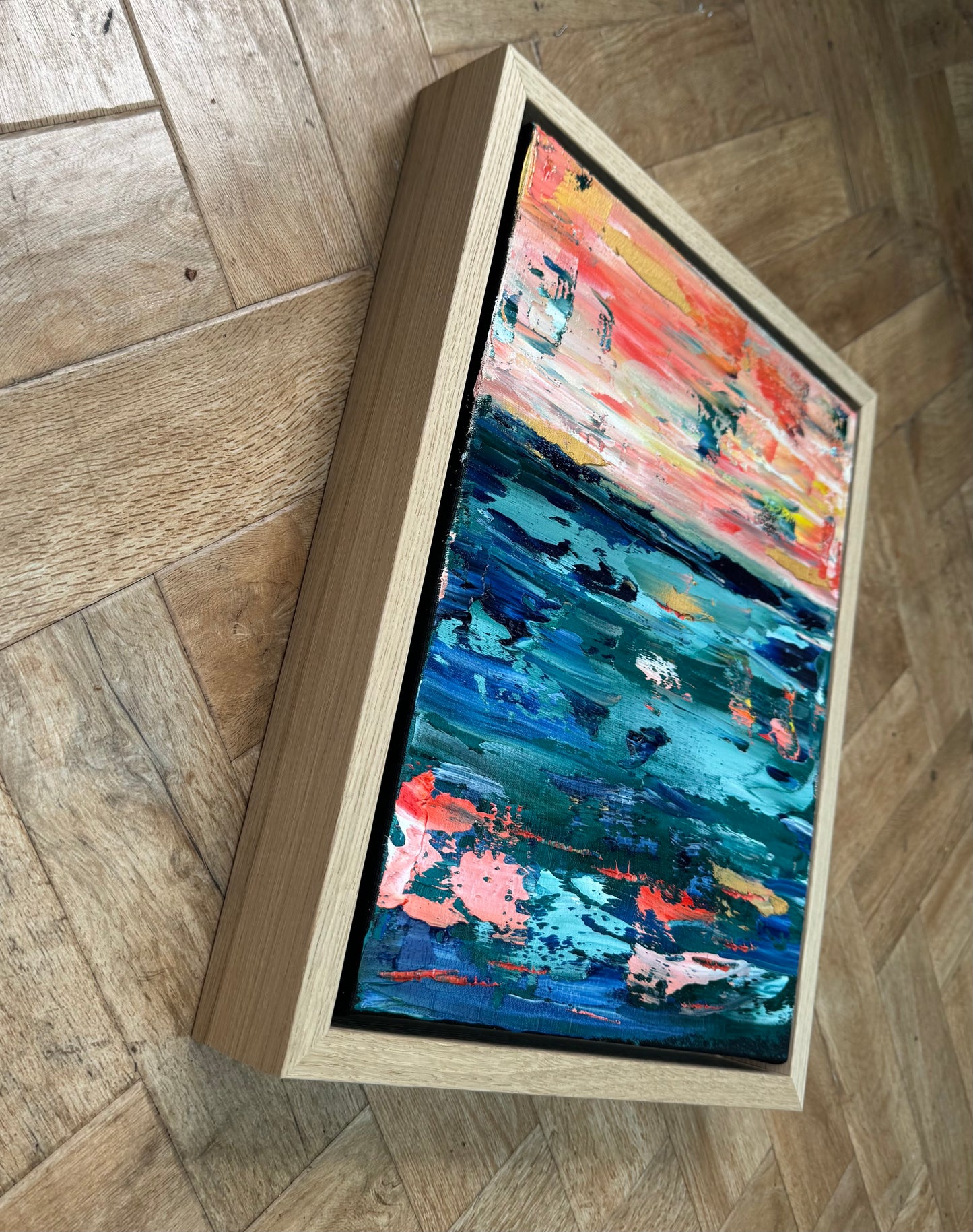 Framed in oak Original Abstract contemporary Oil Painting On Canvas 40x35cm textured Oka Azure Ember