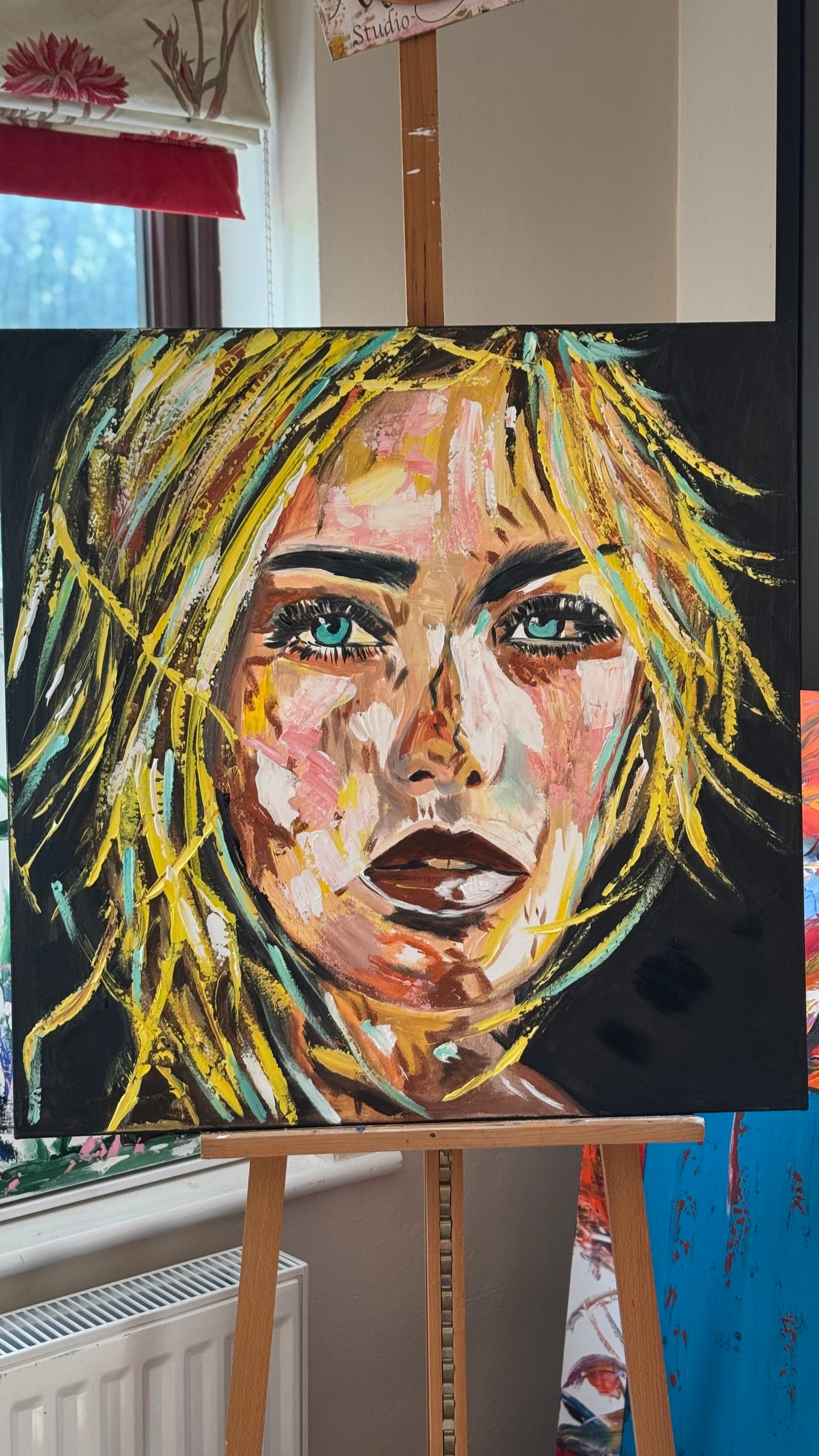 Contemporary Abstract Original Oil Painting On Canvas 90x90cm Blond girl ‘Luna’ woman’s portrait Framed