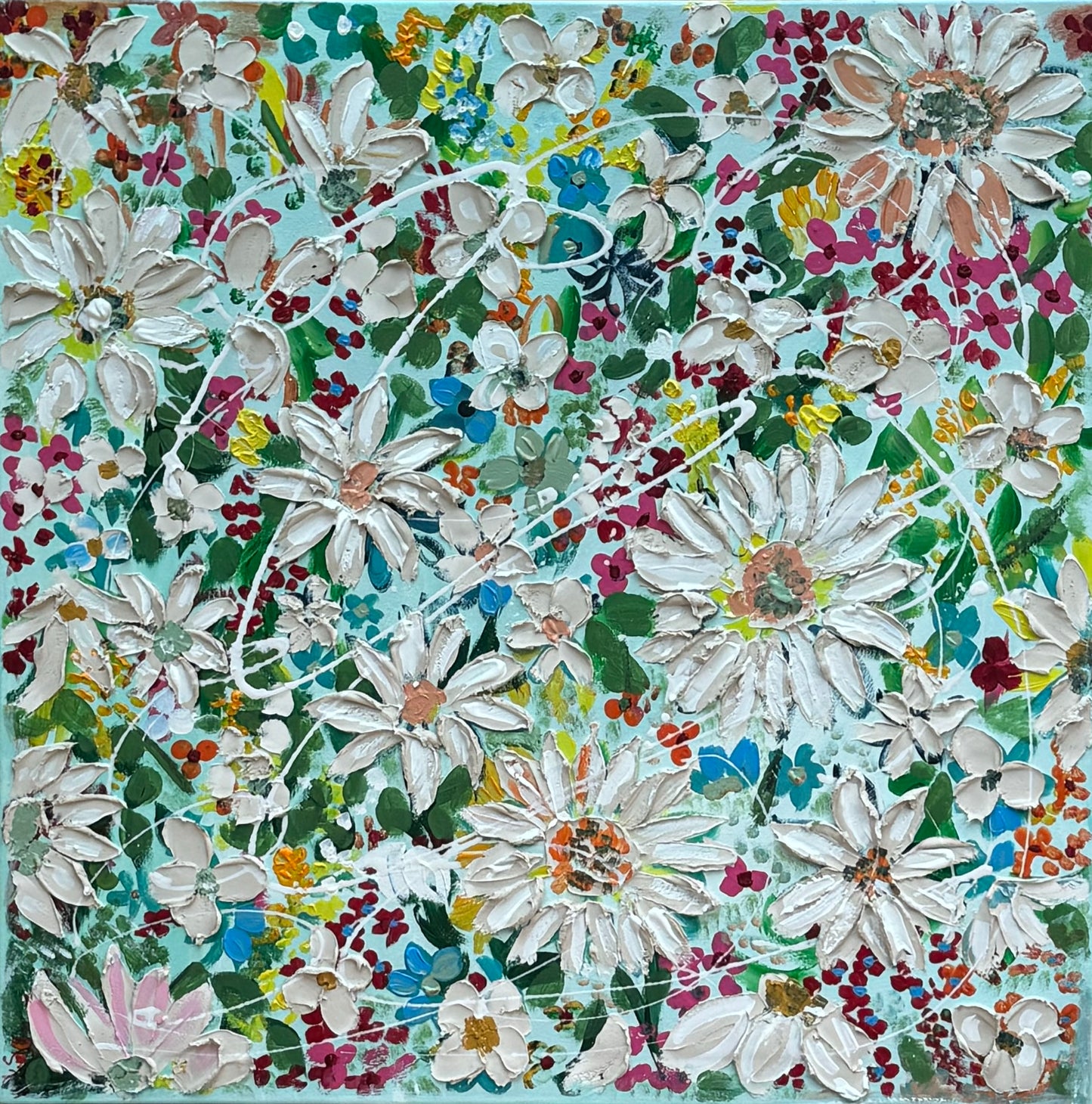 Framed Original Abstract Oil Painting On Canvas 80x80cm Daisies & more Flowers Textured